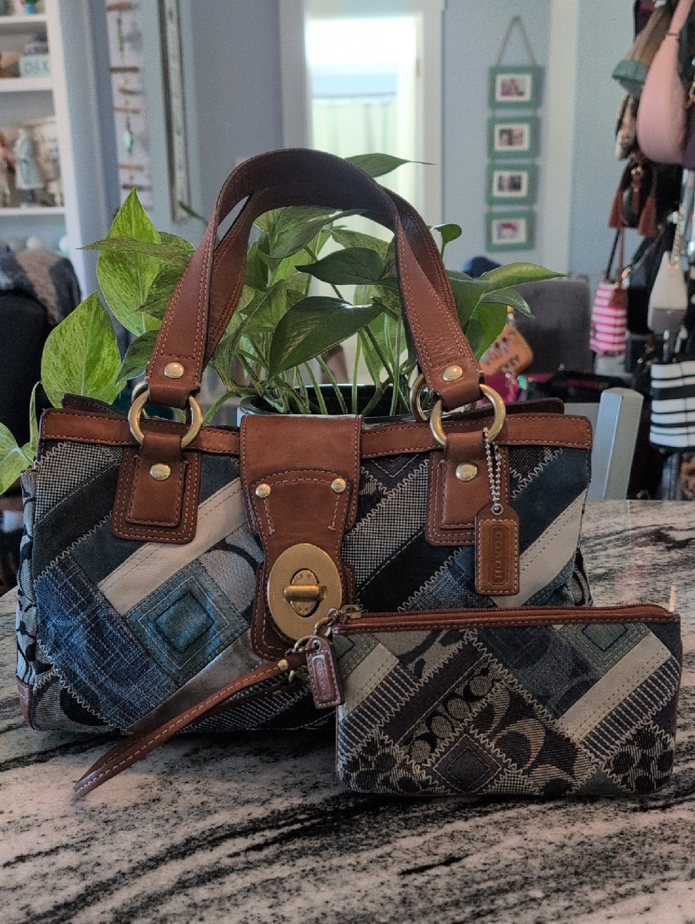 Coach VINTAGE Denim & Leather Patchwork Turnlock Bag w/Matching Wristlet - Picture 13 of 16